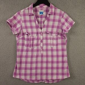 Columbia Coral Springs PFG Shirt Womens Medium Purple White Plaid Woven Outdoors